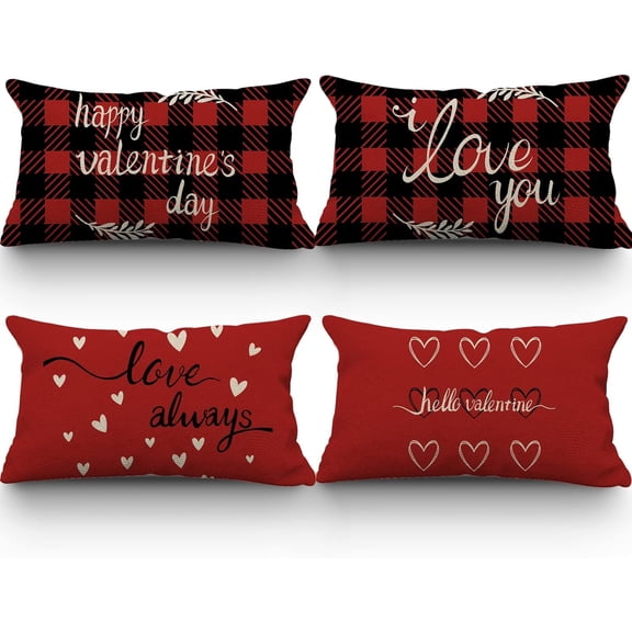 Happy Valentines Day Pillow Covers 12x20 Set of 4 Red Love Heart Throw Pillow Covers Home Outdoor Sofa Couch Cushion Covers Wedding Anniversary Pillow Covers Pillow Cases(12Inches)