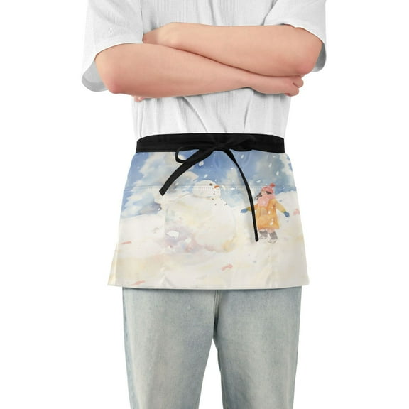 Girl and Snowman Server Apron with 3 Pockets Waterproof Waitress Waist Short Apron for Man Woman 12 Inches