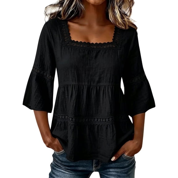 Cotton Linen Shirts 3/4 Sleeve for Women,lace Trim Lace Trim Blouse Flowy Tops for Women Plus Size Gauze Shirts for Women Womens Gauze Tops Summer Basic Blouse Square Neck,Black,L
