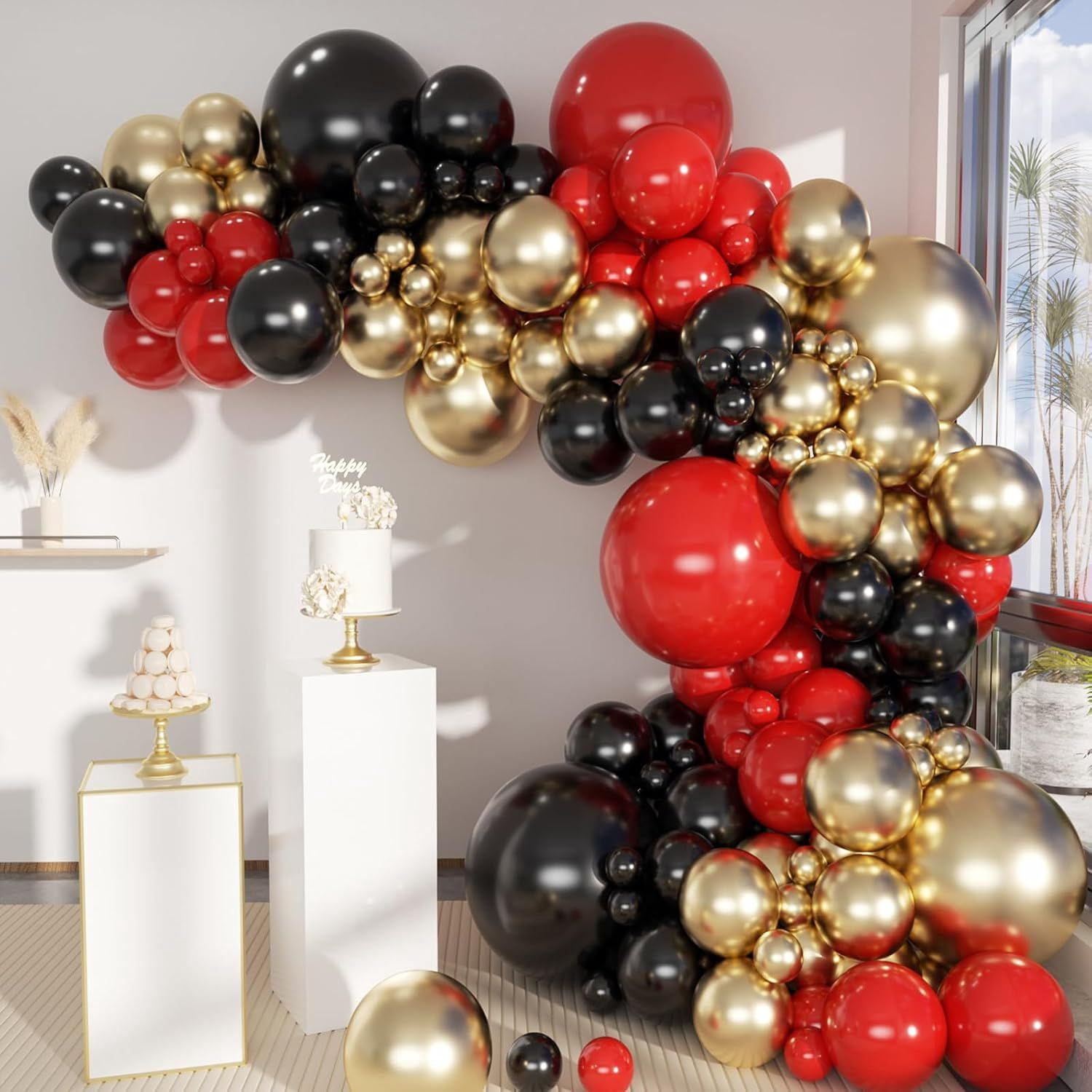 141Pcs Black Gold Red Balloon Garland Arch Kit Assorted Sizes 18/12/10/5 Inch Latex Balloons for Wedding Birthday Baby Shower Graduation Party Decorations