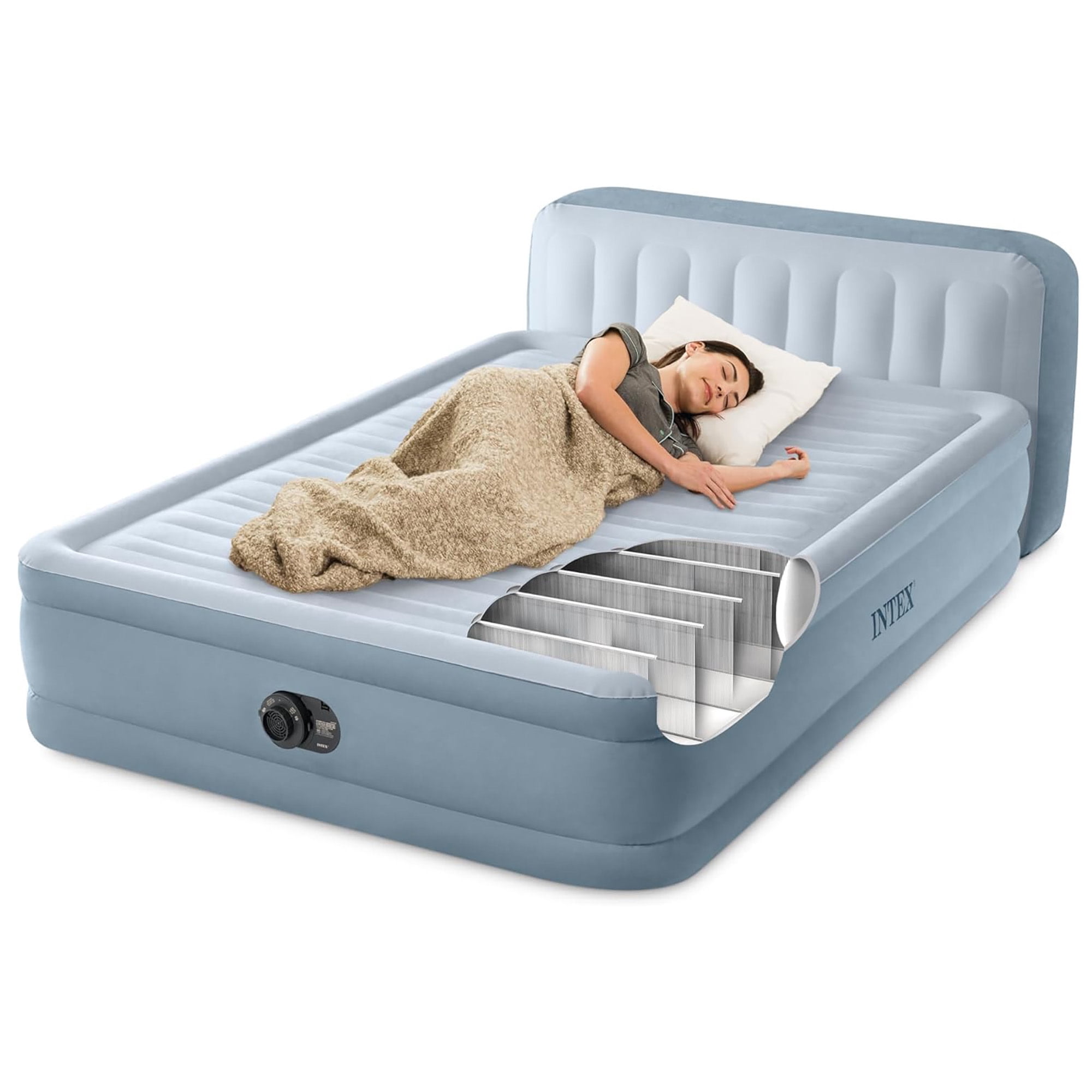 Intex: Dura-Beam Deluxe: Ultra Plush Headboard Airbed - Queen - Blue, 18" Inflatable Mattress, Built-In Pump, Fiber-Tech, Carry Bag, 600lb Cap 64449ED