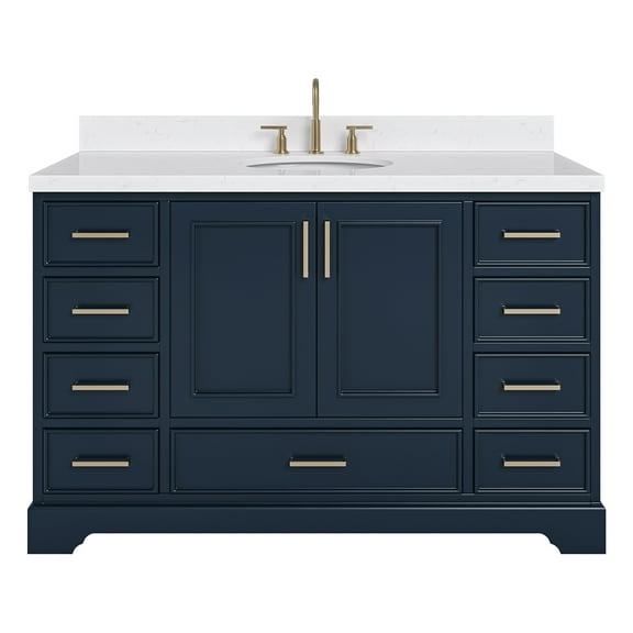 Ariel Stafford 54 Inch Single Oval Sink Bathroom Vanity With Carrara White Quartz Countertop 1.5 Edge In Midnight Blue