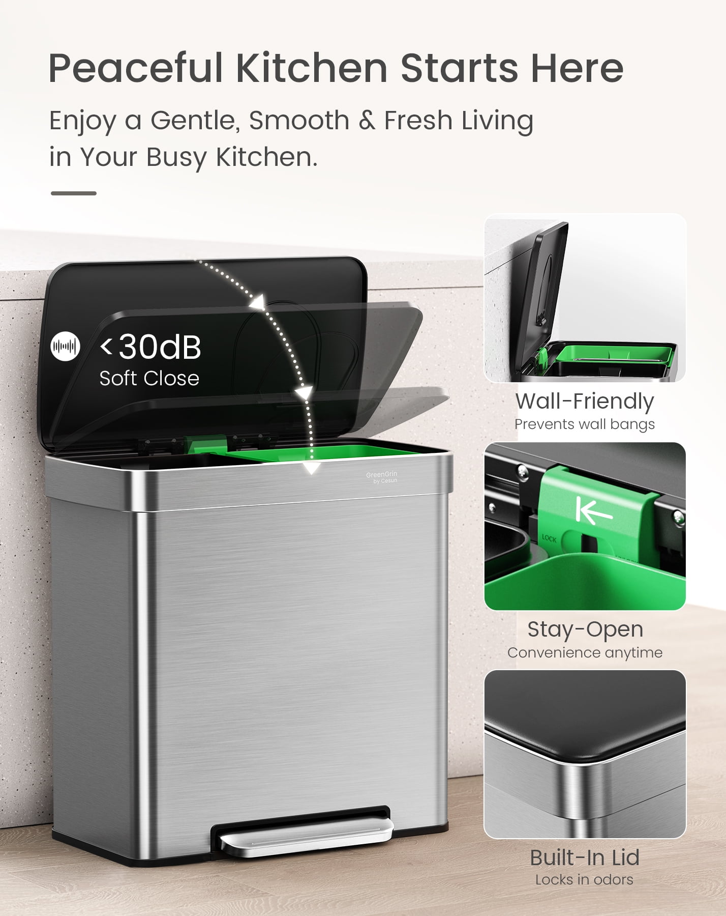 Cesun 16 Gal Dual Trash & Recycle Bin, Stainless Steel Step Kitchen Garbage Can, Push Flap, 30L+30L