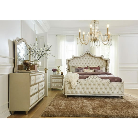Antonella 4-Piece Queen Upholstered Tufted Bedroom Set Ivory and Camel