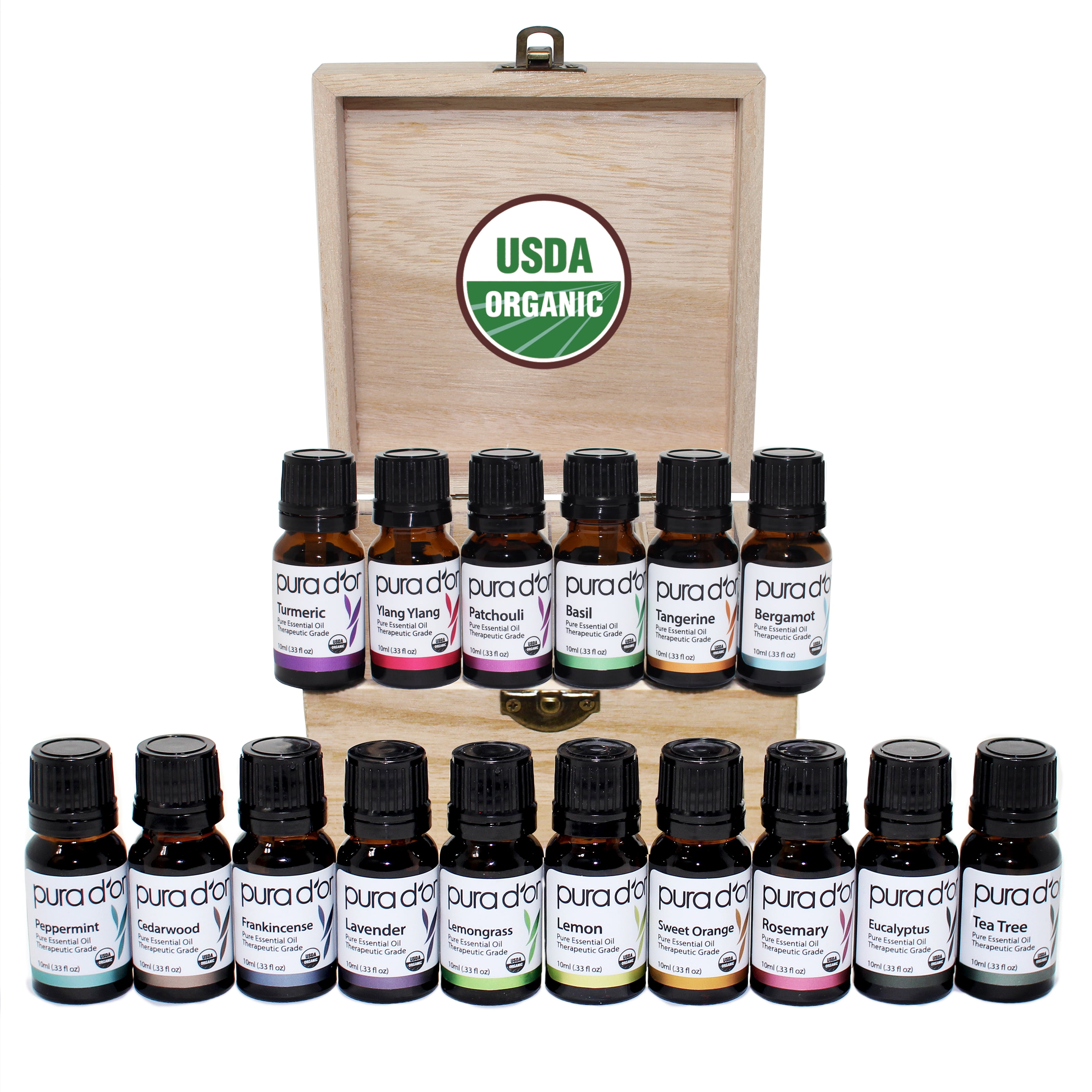 PURA D'OR 16pc Essential Oils Wood Box Set 10mL USDA Organic 100 Pure