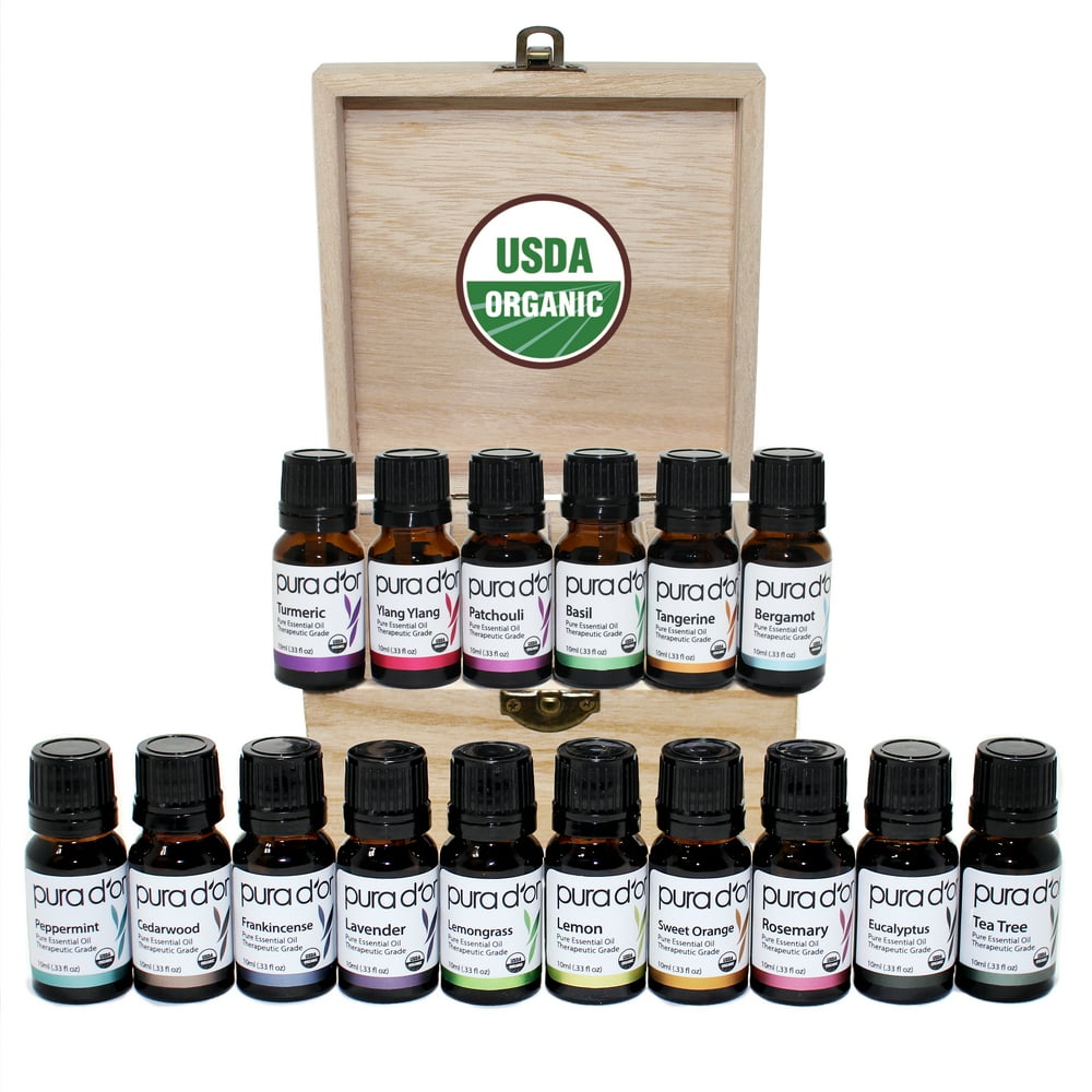 PURA D'OR 16 Pieces Essential Oils Wood Box Set 10 mL USDA Organic 100