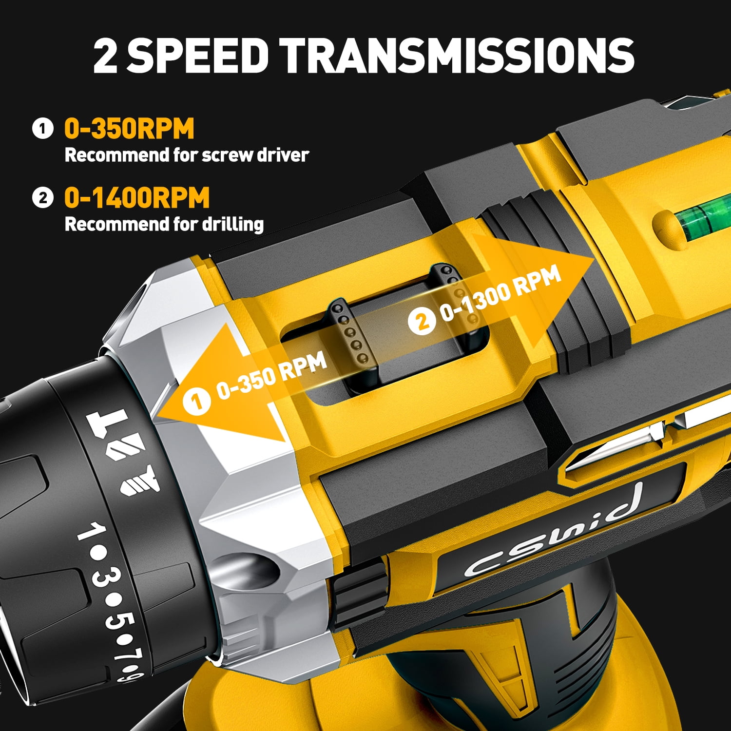 Cshidworld 20V Cordless Power Drill Set, Drill Kit with 1 Lithium-Ion & Charger, 3/8" Keyless Chuck, Electric Drill W/ 2 Variable Speed & LED Light, 25+1 Position and 34pcs Drill/Driver Bits(Yellow)