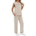 thumbnail image 5 of Two Piece Sets for Women Summer Travel Vacation Outfits Pleated Cap Sleeve Sweatsuit Side Slit Wide Leg Pants, 5 of 6