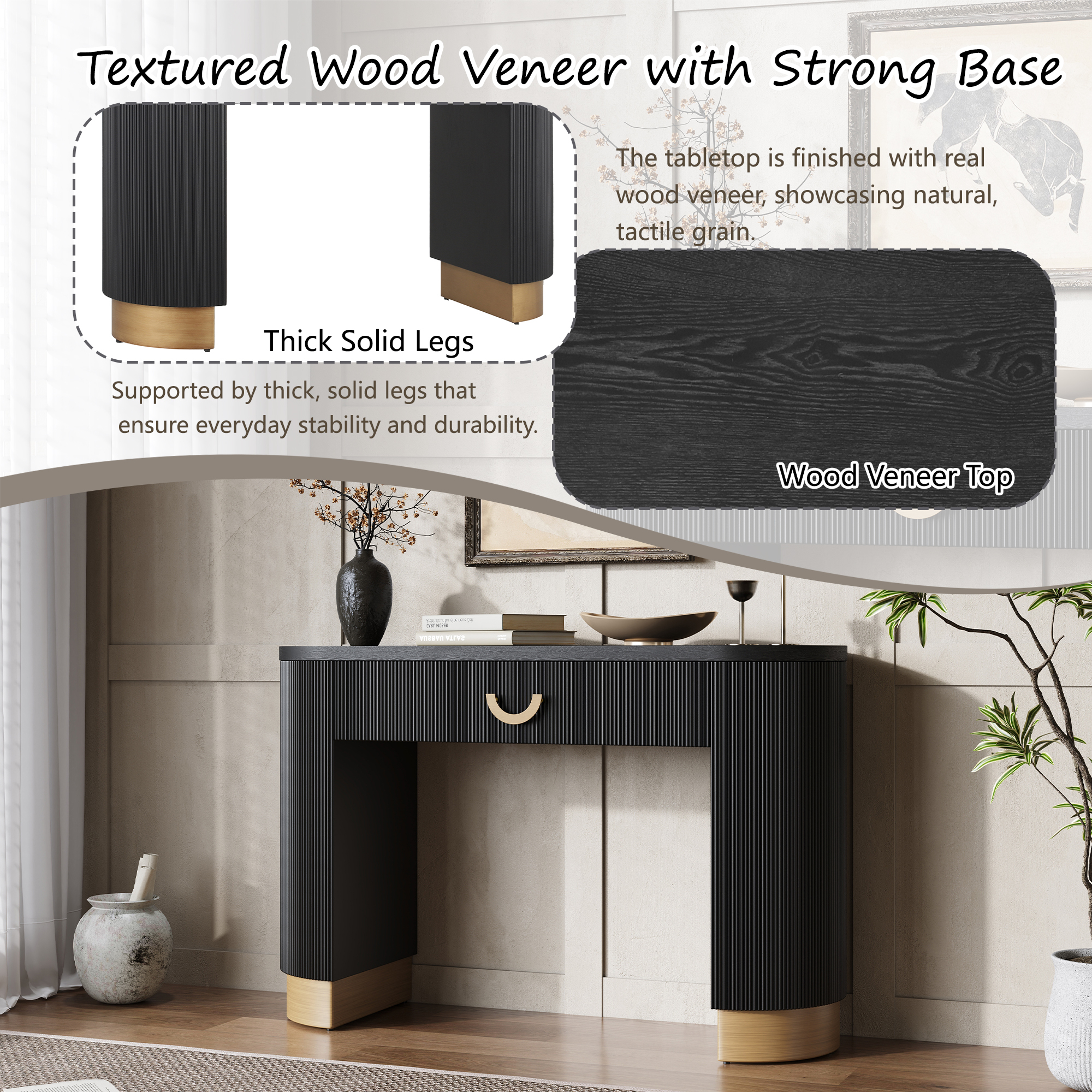 EUROCO Modern Console Table with Storage Drawer & Vertical Ribbed Design,Wood Sofa Table Entryway Table for Living Room,Black