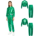 thumbnail image 3 of iiniim Boys Girls Hip Hop Modern Dance Outfit Shiny Metallic Long Sleeve Jacket and Pants Set Tracksuit Green 8, 3 of 7