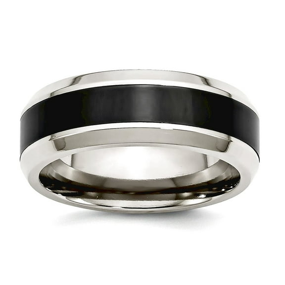 8mm Stainless Steel Beveled Edge Base With Polished Black Ceramic Center Beveled Band Ring Size 11 Ring for Women and Me