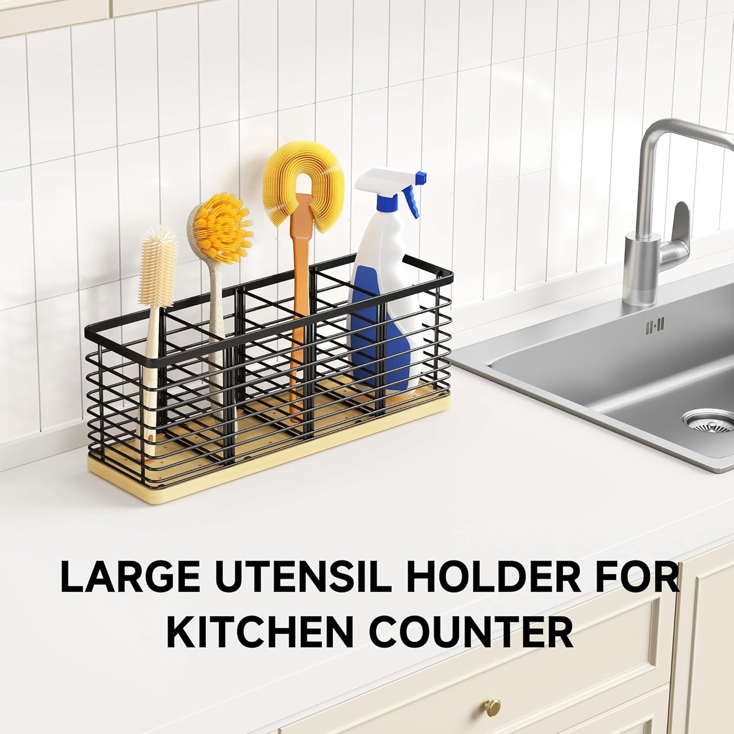 HBlife Kitchen Counter Utensil Holder with Bamboo Base, Matte Black, 4-Compartment Kitchen Utensil Organizers