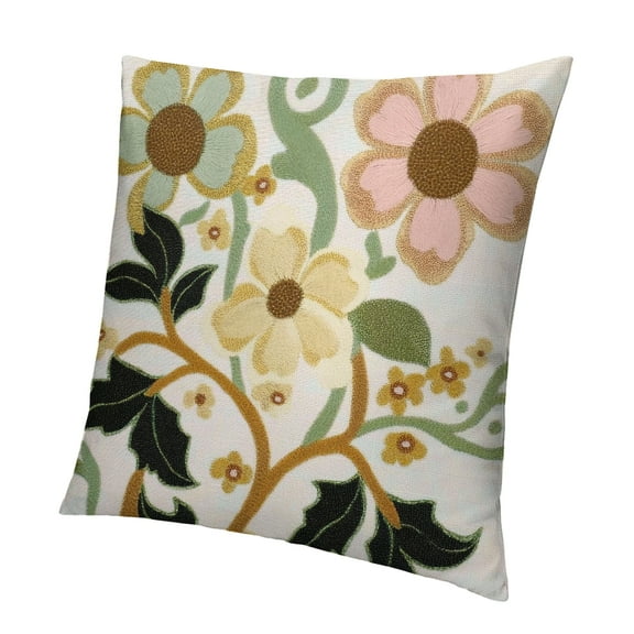 Autua Embroidered Throw Pillowcase Yellow And Pink Flowers with Green Leaf Farmhouse Pillow Cushion Cover Spring Decoration Pillowcase Home Decor Square Floral Pillowcase 12x12in