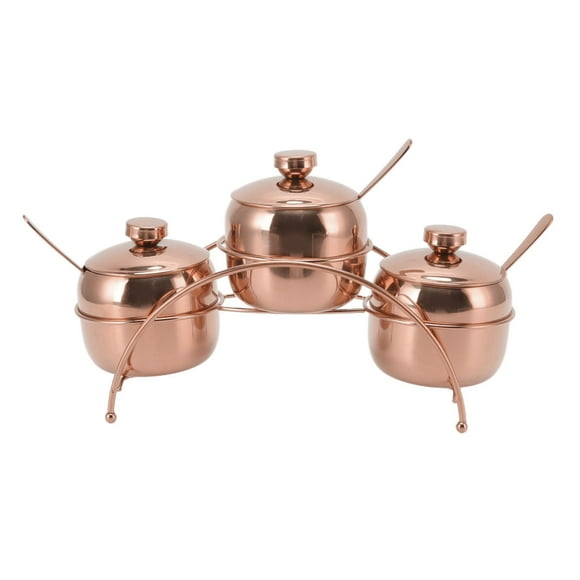 Juego de tarros de condimentos de acero inoxidable, tarro para sal y pimienta, azucarero con tapa y cuchara, botellas de condimentos de cocina con estante de almacenamiento, oro rosa