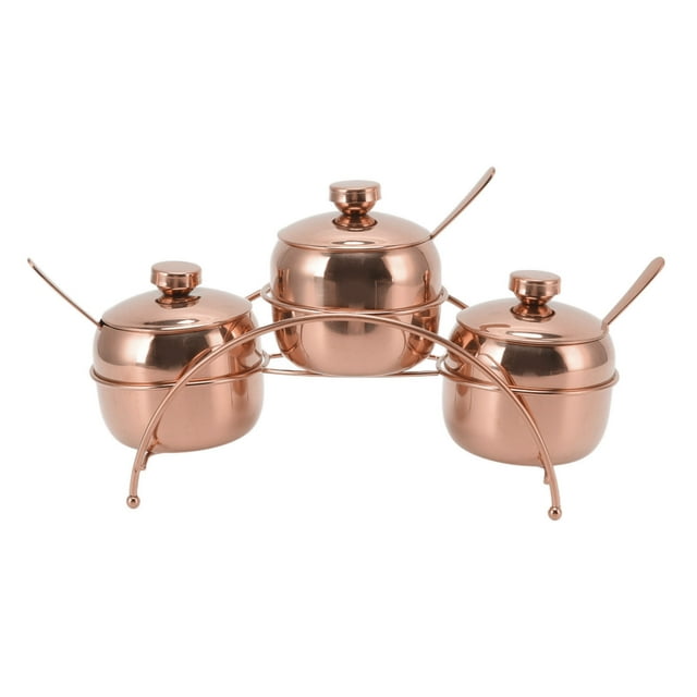 Juego de tarros de condimentos de acero inoxidable, tarro para sal y pimienta, azucarero con tapa y cuchara, botellas de condimentos de cocina con estante de almacenamiento, oro rosa