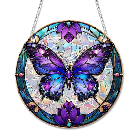 Aarocafa – Gorgeous Purple Butterfly Tiffany-Style Acrylic Window Hanging – Sleek Home Office Restaurant Decor with Silver Chain & Fabric Straps | Stained Glass Effect | Sun Catcher | Gift Idea