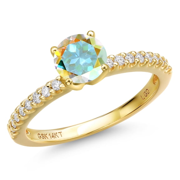 Gem Stone King 14K Yellow Gold Mercury Mist Mystic Topaz and Lab Grown Diamond Engagement Ring for Women | 1.16 Cttw | Round 6MM | Gemstone November Birthstone | Size 6