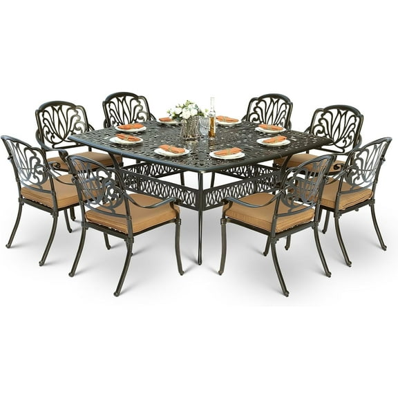 9-Piece Patio Cast Aluminum Dining Set, Outdoor Dining Furniture Set for 8 Person, Includes 64" Square Table and 8 Cushioned Chairs with Umbrella Hole for Patio Deck Garden, Tan