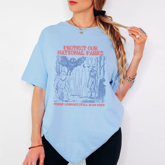 Cryptid National Parks Shirt, 90s Protect Our Parks Vintage Camping Hiking Tee, Retro Wanderlust Shirt, Fantasy Creatures Tee Multicolor