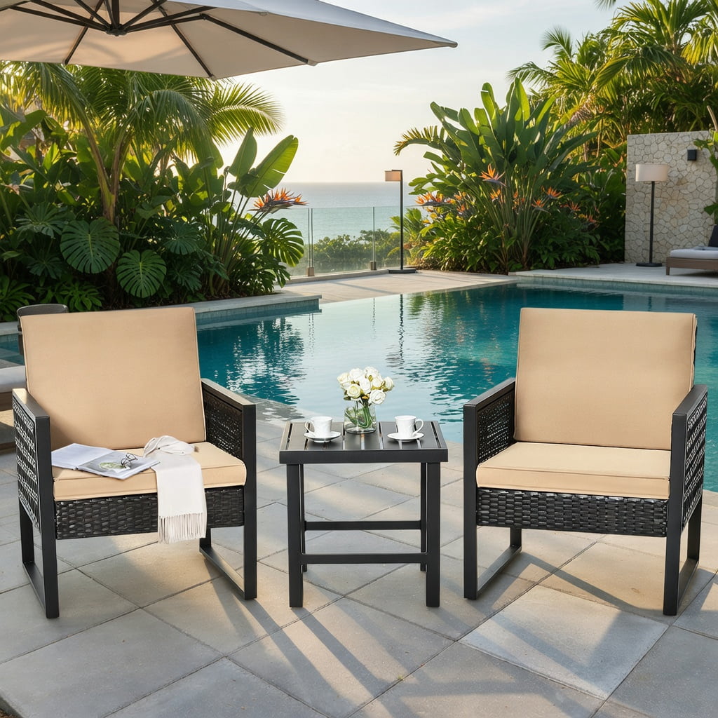 Hommoo 3-Piece Outdoor Rattan Bistro Set with Cushioned Sofas & Coffee Table, Steel Frame, Weather-Resistant Wicker, Adjustable Feet for Patio, Backyard, Porch & Poolside, Brown and Black