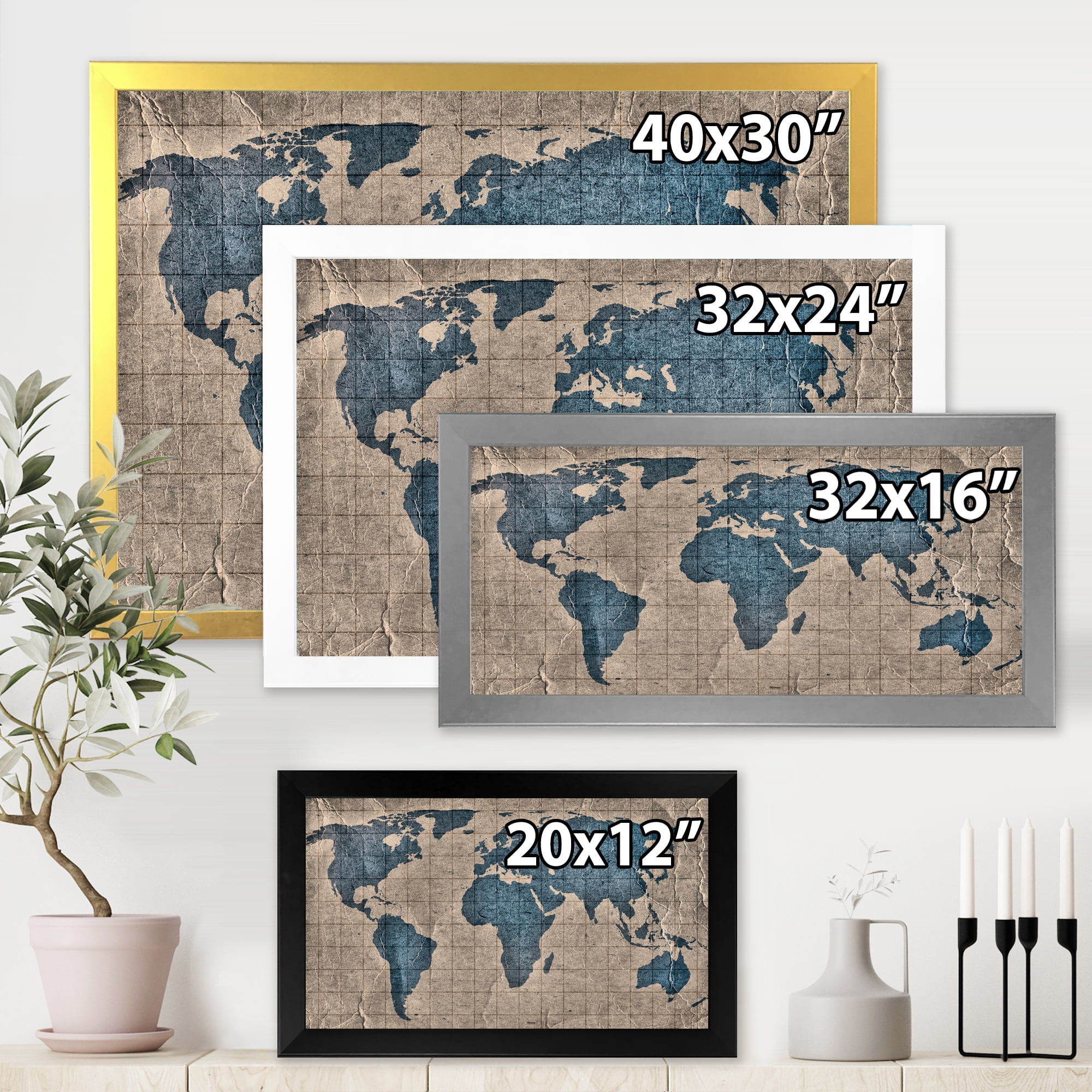 Designart 'Ancient World Map I' Rustic Framed Art Print