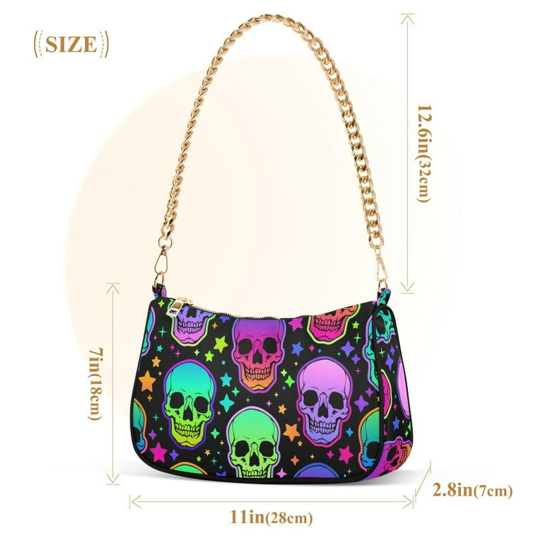 ALAZA Rainbow Skull Neon Stars Starry Shoulder Bag Purse for Women Tote Handbag with Zipper Closure
