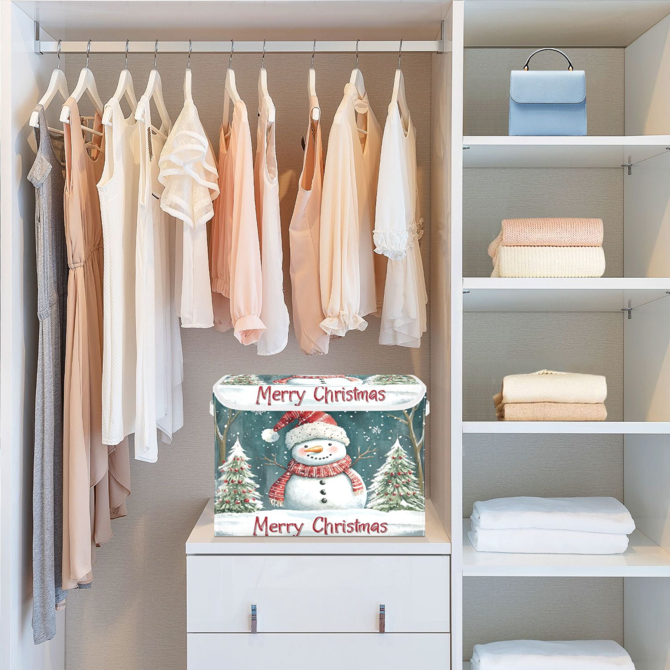 Storage Box With Lid 16.5x12.6x11.8In Foldable Stacked Household Storage Box Santa Hat Snowman Picture
