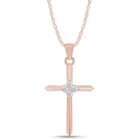 JewelsYard Real 925 Sterling Silver 14K Rose Gold Finish Round Cut White Diamond 4-Stone Cross Pendant Necklace Christmas Gift for Women