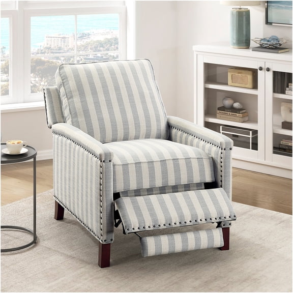 JERFIT Traditional Push Back Recliner Chair with Nailhead Trim, Beige Stripe Fabric Upholstery, Solid Wood Frame for Living Room
