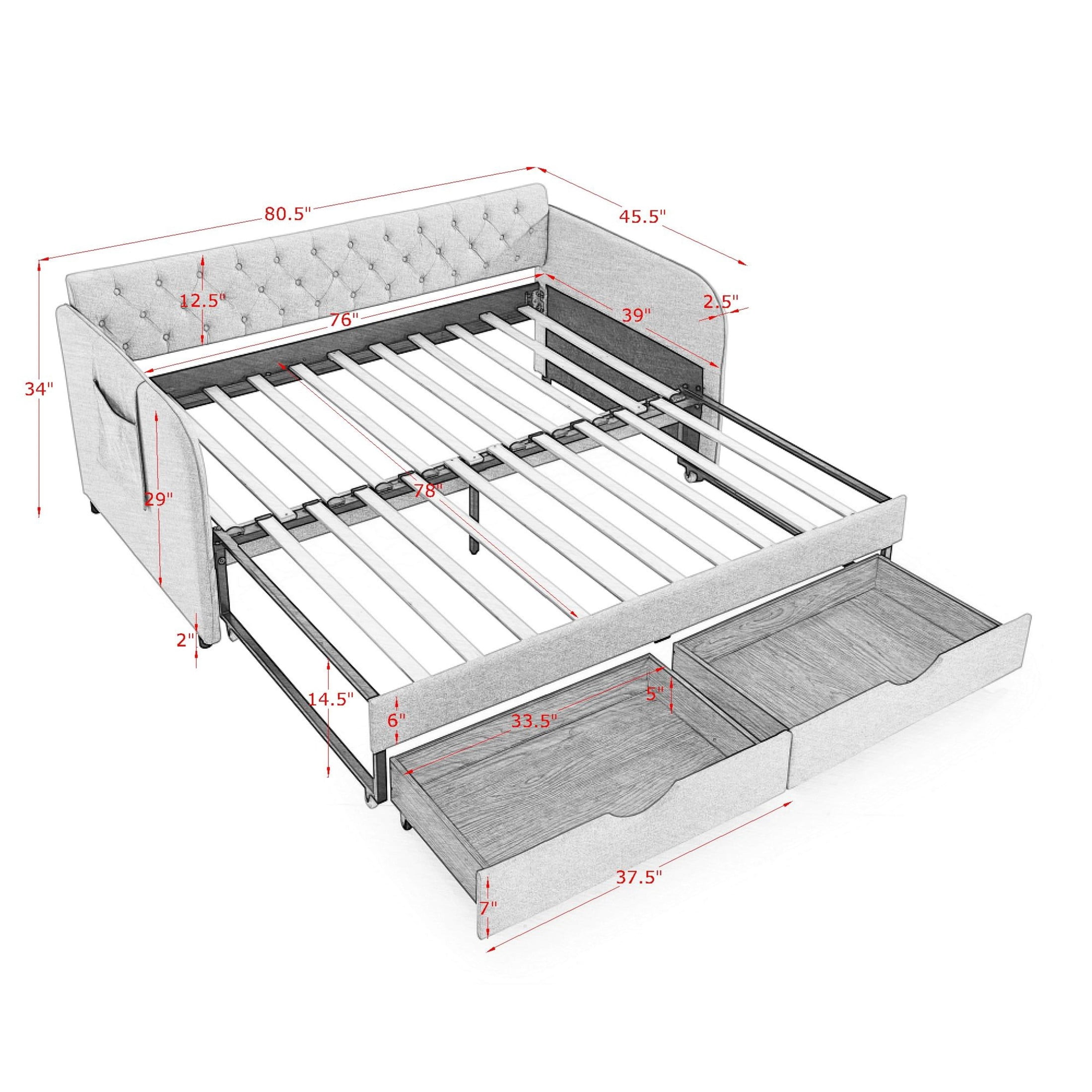 Noble House Nevaeh Twin Upholstered Linen Daybed, Extendable Twin to King Trundle Bed Frame with Storage Drawers, Gray