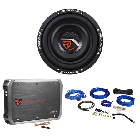Rockville W8T4-S4 8" Shallow 1000 Watt Slim Car Subwoofer Sub Amplifier Amp Kit
