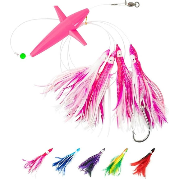 BLUEWING Tuna Feather Daisy Chain Squid Chain Fishing Teaser Lure with 4in Feathered Trolling Squids and Stainless Steel Trolling Hook Big Game Trolling Lure for Tuna Mahi Wahoo Marlin, Pink