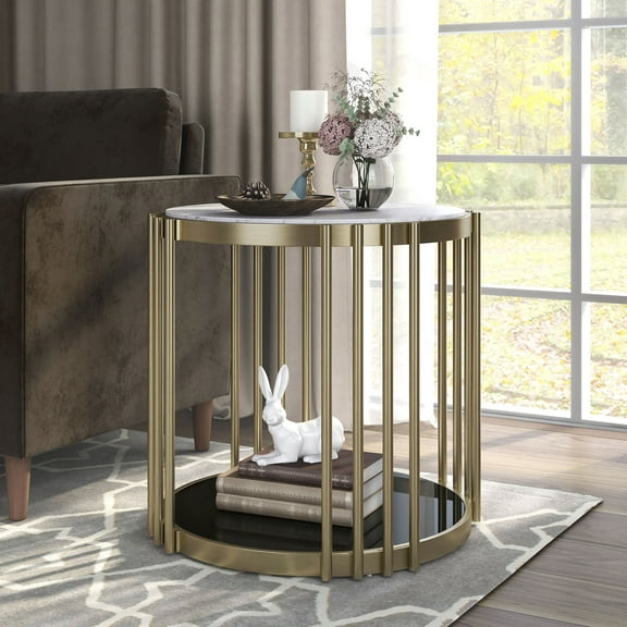 Furniture of America Wilmo Faux Marble 1-Shelf End Table, Brass