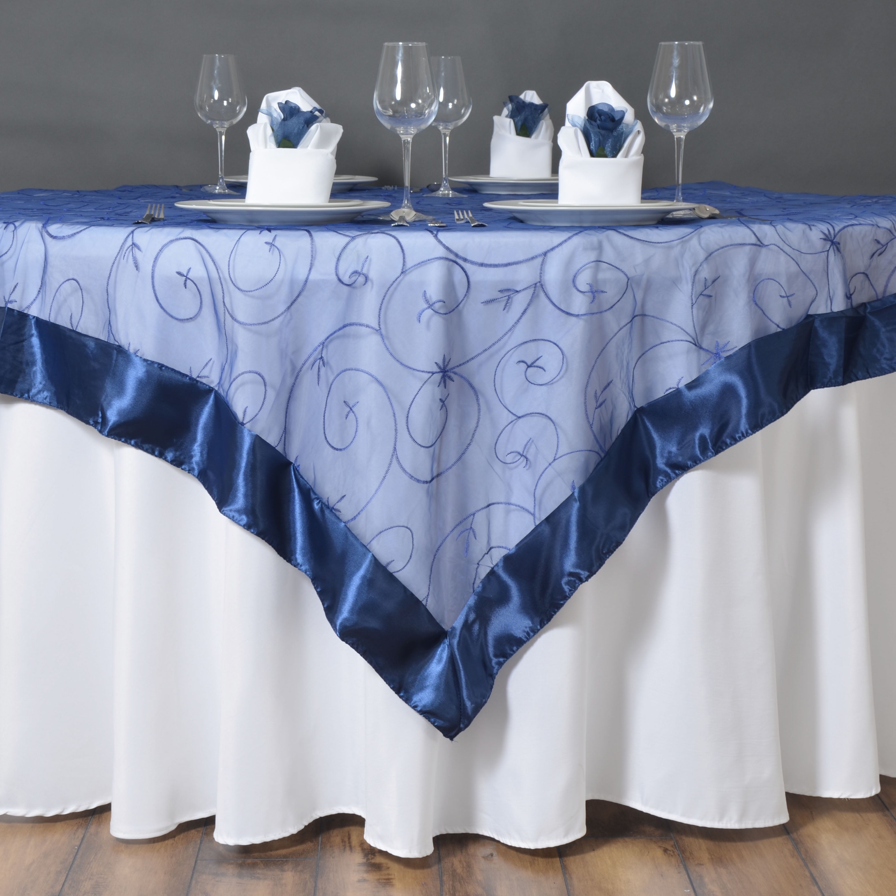 BalsaCircle 72" x 72" Navy Blue Embroidered Sheer Organza Square Table