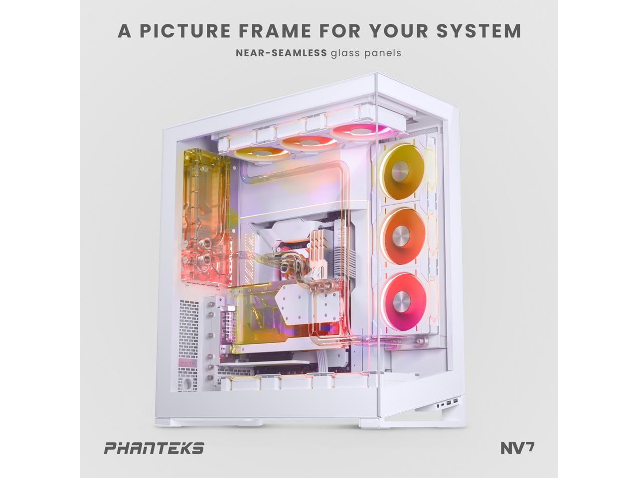 Phanteks NV7, Showcase Full-Tower Chassis, High Airflow Performance, Integrated D/A-RGB Lighting, Seamless Tempered Glass Design, 12 Fan Positions, Matte White