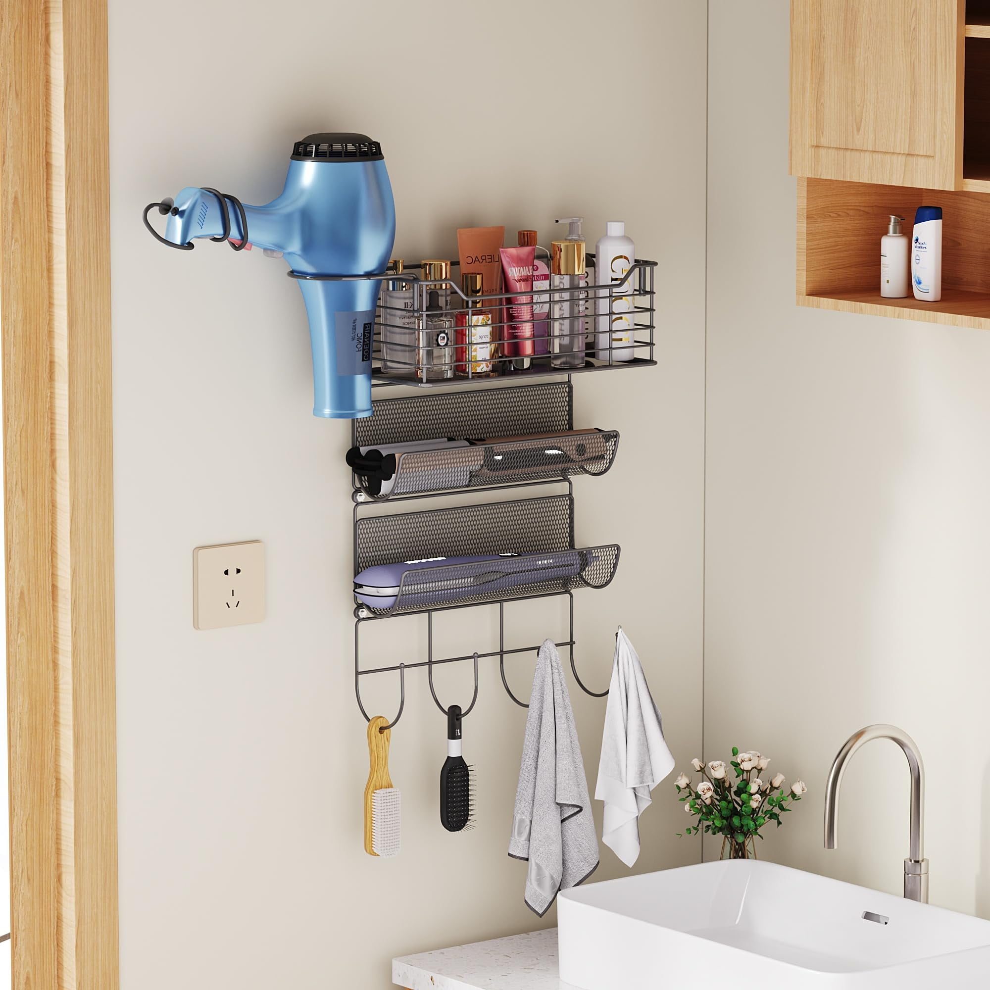 Subekyu Metal Hair Tool Organizer Wall Mount, Hair Dryer Holder with 3 Tier Shelf Basket Hooks, Bathroom Hair Styling Tool Organizer
