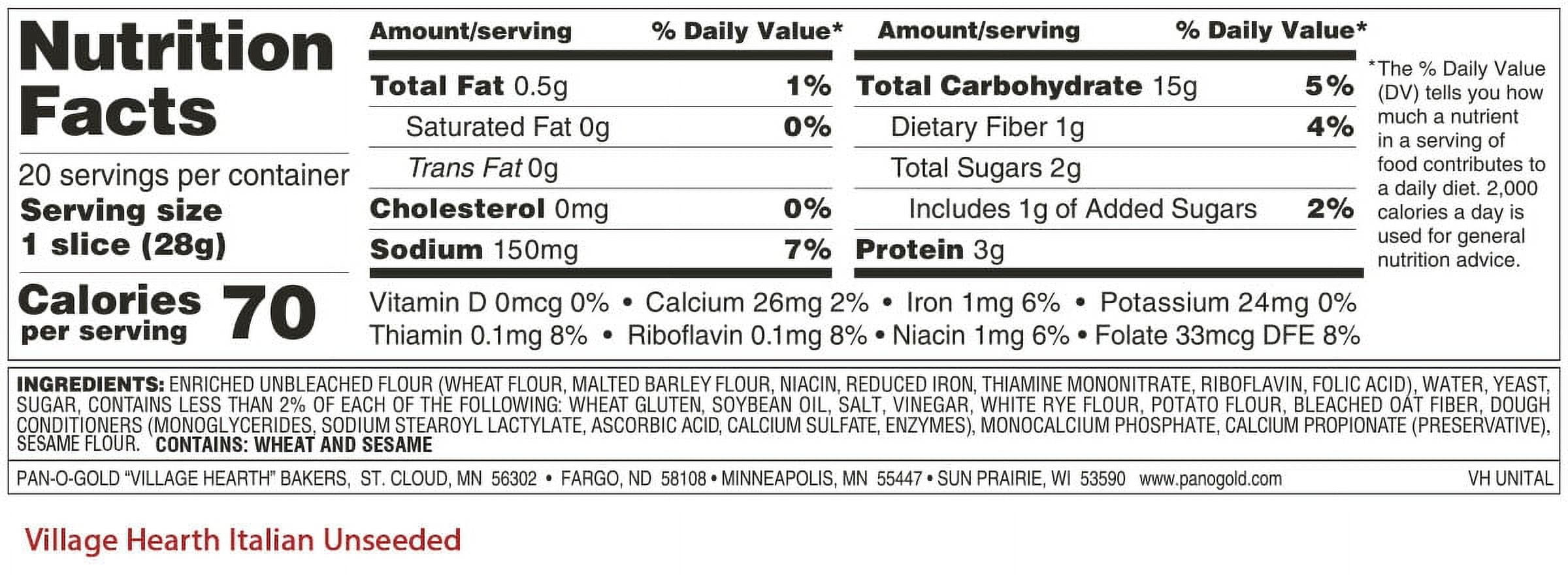Village Hearth Italian Unseeded Bread Loaf, 20 ounce, 20 Count
