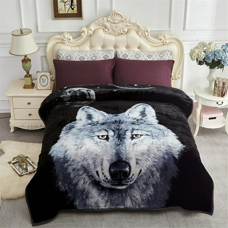 NC Thick Fleece Blanket - 2 Ply Reversible 520GSM Soft Plush Blanket Queen  75x87,Wolf 