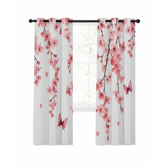Cherry Blossoms Blackout Curtains 72 Inches Long for Bedroom, Spring Botanical Flowers Watercolor Thermal Insulated Room Darkening Black Out Window Curtain Panels Grommet Drapes for Living Room