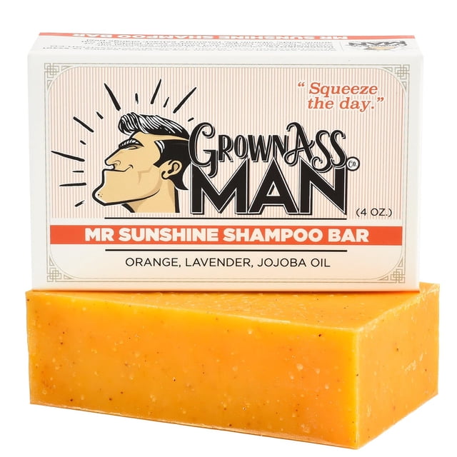 Grown Ass Man Co. - Barra de champú sólido rica espuma 3 en 1: cabello, barba y gel de baño - Sin plástico y ecológico, natural y orgánico, limpio para todo tipo de cabello, barra de 4 oz (Mister Suns