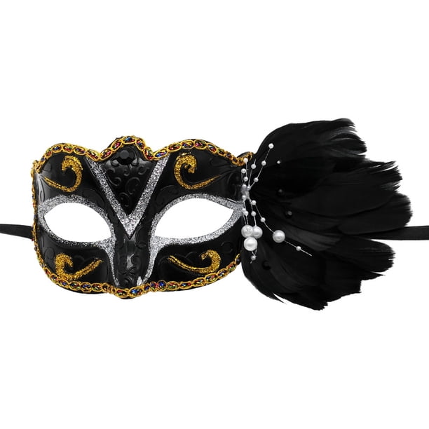 Máscara de plástico de media cara negra con plumas para fiesta de Halloween