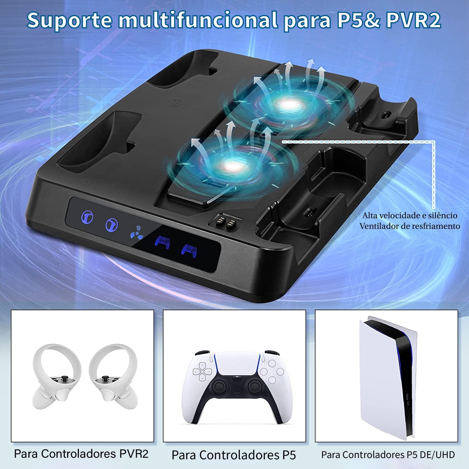 Charging Stand for PS5 & PSVR2, Vertical Stand with Cooling Fan Game Controller Wireless Charging Station, VR2 Headset Base Accessories-Black