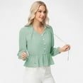thumbnail image 5 of Women's Long Sleeve Button Front Peplum Blouse with V-Neckline and Gathered Waist Detail - Medium, Green, 5 of 7