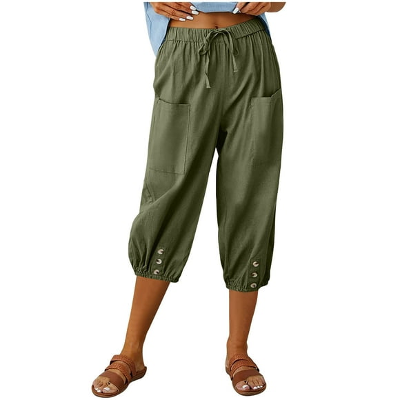 ZVAVZ Work Pants Women Stretchy,Women's Cotton Linen Capri Pants Drawstring Elastic Waist Capris Buttons Trim With Pockets Pant on Sale Army Green,S
