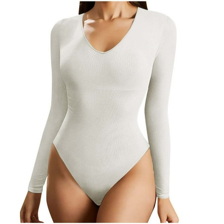 Tii.MM Women s Skinny Long Sleeve V Neck Bodysuit Soft Casual Trendy Ribbed Knitted Tops Blouses Basic Tees