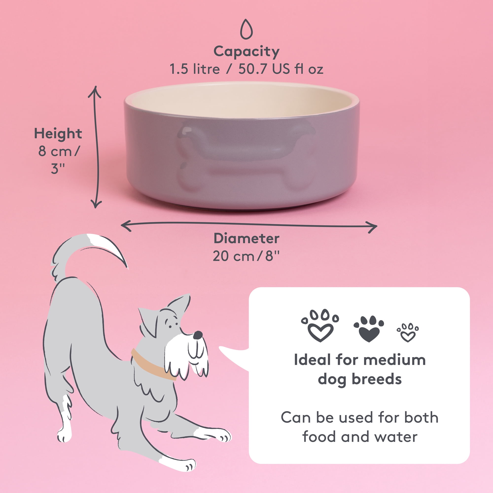 Mason Cash: Embossed Bone Dog Bowl - Gray - 8", 50.7oz - Durable Ceramic Food & Water Dish, Microwave & Dishwasher Safe, Pet Meal Feeding & Hydration