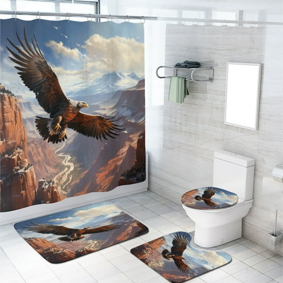 Bald Eagle 4 Pcs Shower Curtain Set African Animal Flying in The Snow Covered Mountain Bath Curtain for Bathroom Waterproof Fabric Bathroom Decor Set, 72x72 Inch
