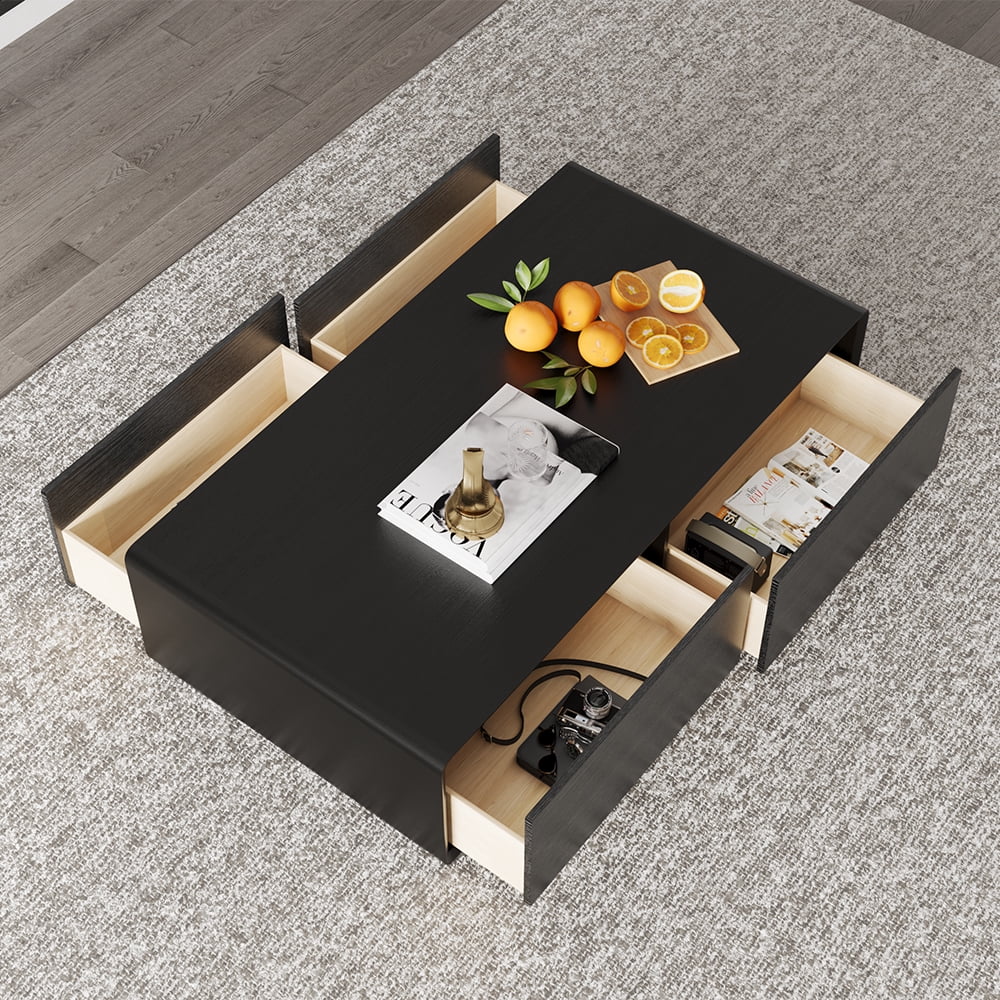 POVISON Modern Rectangular Coffee Table, Wood Coffee Table with Storage, 4 Solid Wood Drawers, Fully-Assembled, 51", Black