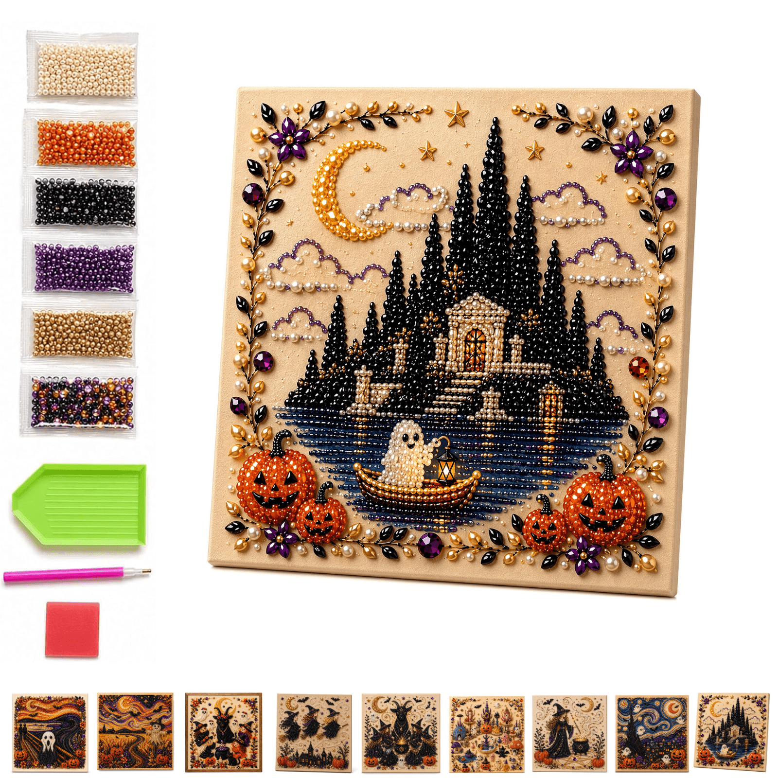 Halloween Ghost Pearl Art DIY Kit Spooky Cute 3D diamond art kits for adults beginner Playful Ghost Black Cat Pattern Farmhouse Fall Halloween Decor Party Gifts E