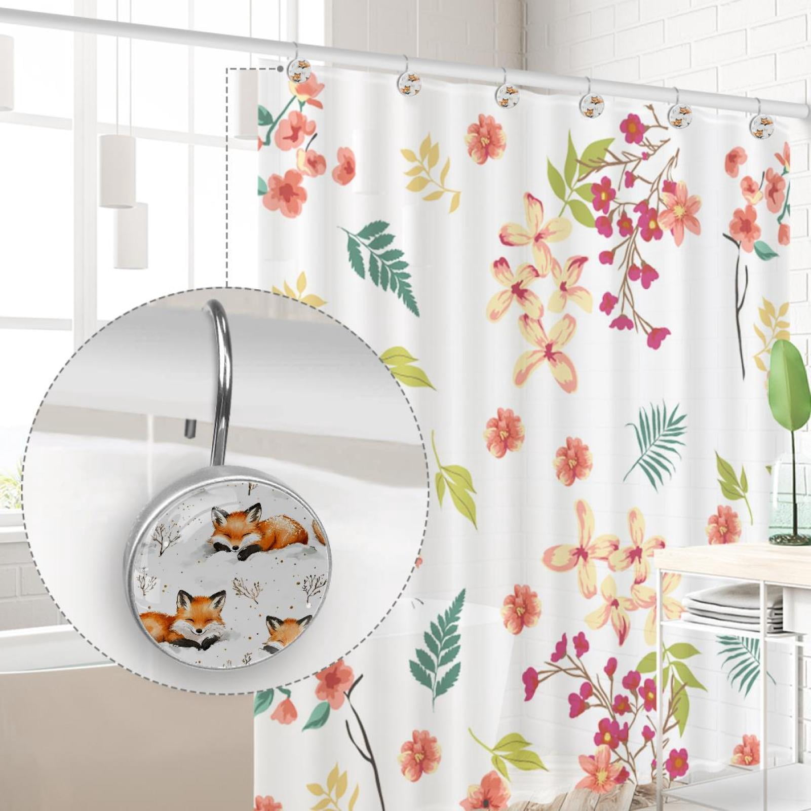Foxes Laying on Snow Shower Curtain Hooks Round Crystal Glass, Set of 12 Shower Curtain Rings - Shower Hooks for Curtain Shower Rings